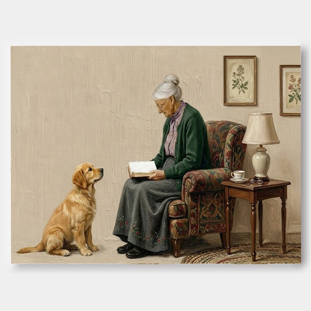 Vintage Style Oil Painting Of Elderly Woman Reading With Pet