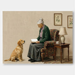 Vintage Style Oil Painting Of Elderly Woman Reading With Pet