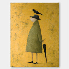 Original Figurative Art Of Man With Crow And Umbrella In Abstract Style For Unique Home Decoration