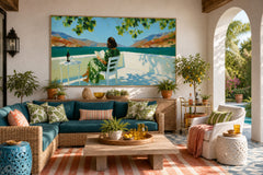Woman Reading By Sea Original Oil Painting For Living Room Decor
