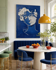 Modern Blue White Plaster Line Art Portrait Painting For Living Room Wall Decor