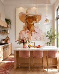 Modern Cowgirl Portrait Painting In Warm Earth Tones For Living Room Decor
