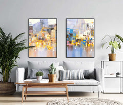 Set of 2 Abstract City Oil Painting Contemporary Textured Canvas Painting Modern Wall Art Home Decor