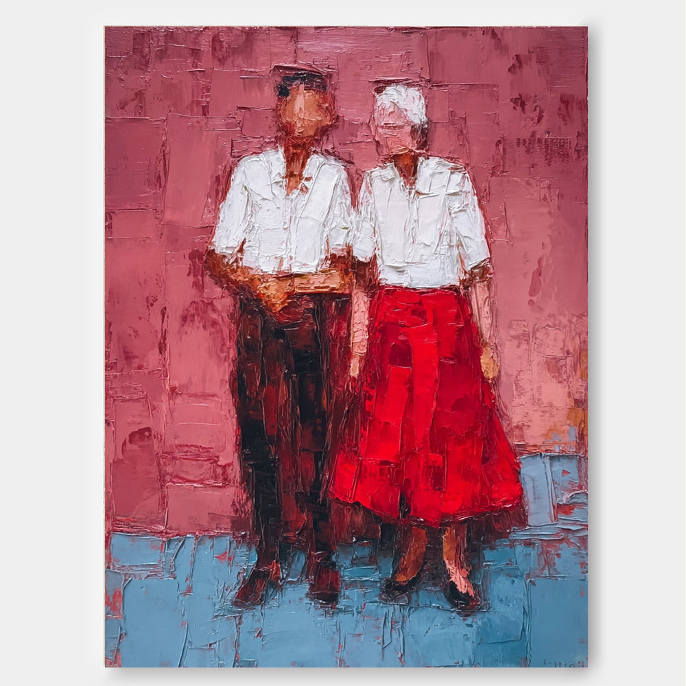 Elderly Couple Portrait Oil Painting Expressive Red And Blue Modern Art For Home