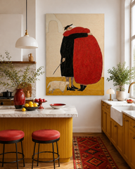 Whimsical Couple Embrace Red Black Abstract Square Canvas Art For Living Room