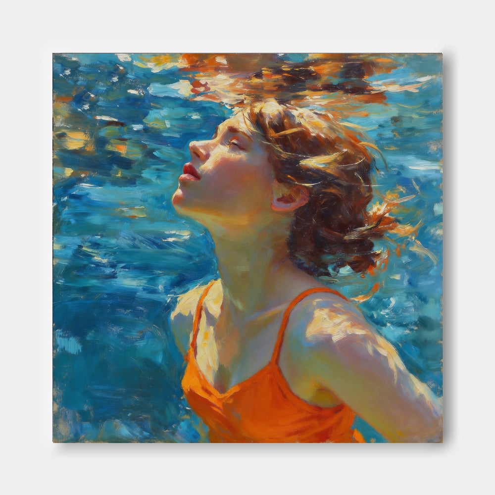 Serene Woman Swimming In Blue Water Original Oil Painting For Modern Home Decor