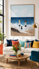 Original Hand Painted Seascape Artwork Featuring Children And Pet On Linen