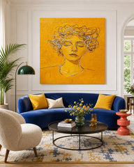 Modern Minimalist Face Line Art Painting With Golden Hue For Contemporary Home Decor