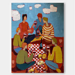 Original Expressionist Oil Painting Of Friends Picnic Scene On Canvas