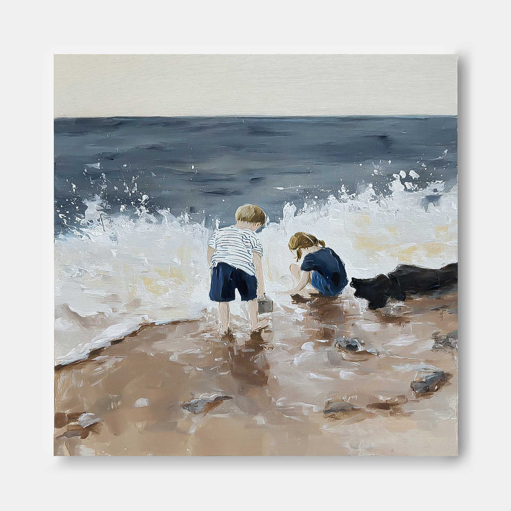 Children Playing At Beach Square Oil Painting For Living Room Decor With Textured Waves And Sand