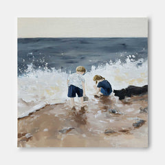 Children Playing At Beach Square Oil Painting For Living Room Decor With Textured Waves And Sand