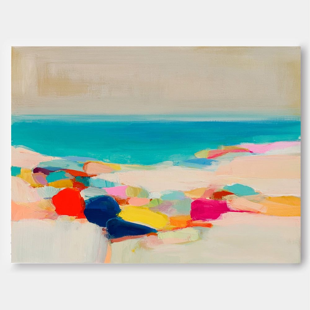 Hand Painted Ocean Art With Colorful Stones And Calm Blue Water For Home