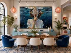 Expressive Oil Painting Of A Girl Submerged In Blue Water With Delicate Brushstrokes