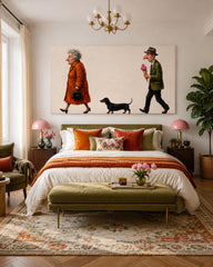 Whimsical Oil Painting Of Couple With Dog For Retro Living Room Decor