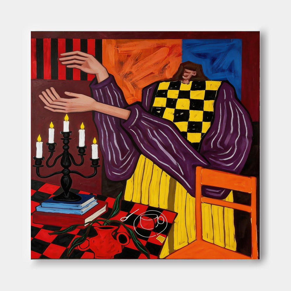 Bold Pop Art Portrait Painting With Red And Yellow Checks For Modern Living Room Decor