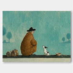 Unique Illustrative Canvas Art Featuring A Traveler And Loyal Dog