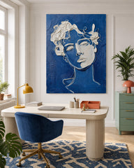 Modern Blue White Plaster Line Art Portrait Painting For Living Room Wall Decor