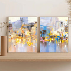 Set of 2 Abstract City Oil Painting Contemporary Textured Canvas Painting Modern Wall Art Home Decor