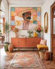 Vintage Cowboy Portrait Art With Floral Tile Background For Living Room Decor