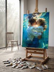 Impressionist Original Oil Painting Of Couple Kissing Underwater In Blue Tones For Bedroom Decor