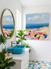 Vibrant Square Canvas Painting Of Seaside Scenery With Expressive Brushstrokes