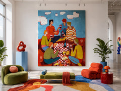 Original Expressionist Oil Painting Of Friends Picnic Scene On Canvas