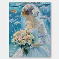 Unique Square Canvas Art Of Bride Underwater With Bouquet For Living Room Wall
