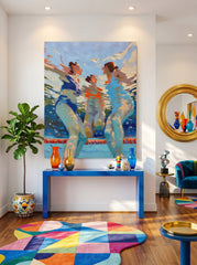 Contemporary People Themed Art Square Canvas Painting With Vibrant Colors For Home Decor