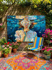 Expressive Oil Painting Of A Girl Submerged In Blue Water With Delicate Brushstrokes