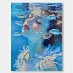 Modern Surreal Female Portrait Painting In Blue Tones For Living Room Accent Wall