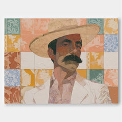 Vintage Cowboy Portrait Art With Floral Tile Background For Living Room Decor