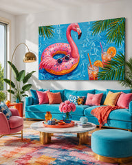 Vibrant Flamingo Pool Painting For Summer Home Decor With Retro Pop Art Style