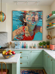 Vibrant Swimming Pool Art Girl Underwater Scene Square Oil Painting On Linen