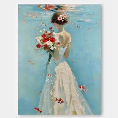 Underwater Bride Painting With Goldfish And Flowers For Romantic Home Decor