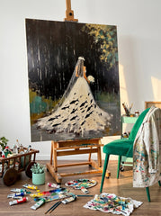 Surreal Bride Painting With Fish In Rain For Modern Home Decor