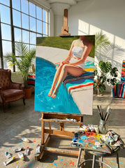 Poolside Figure Painting For Modern Home Decor With Vibrant Blue Tones