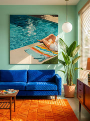 Original Poolside Oil Painting For Modern Living Room Summer Vibes