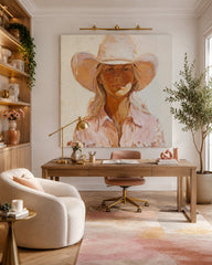 Modern Cowgirl Portrait Painting In Warm Earth Tones For Living Room Decor