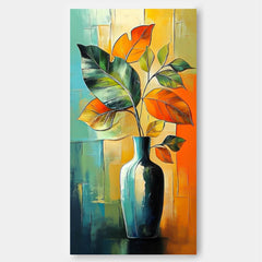 Original Vase Wall Art Large Colorful Leaves Painting Vibrant Botanical Painting Wall Art Home Decor
