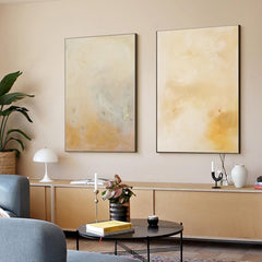 Set of 2 Yellow Minimalist Abstract Oil Paintings Contemporary Canvas Wall Art For Living Room