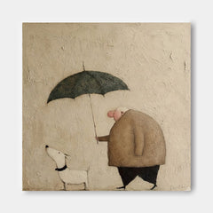 Whimsical Square Canvas Art Cute Man And Pet Under Umbrella For Living Room