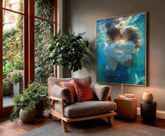 Impressionist Original Oil Painting Of Couple Kissing Underwater In Blue Tones For Bedroom Decor