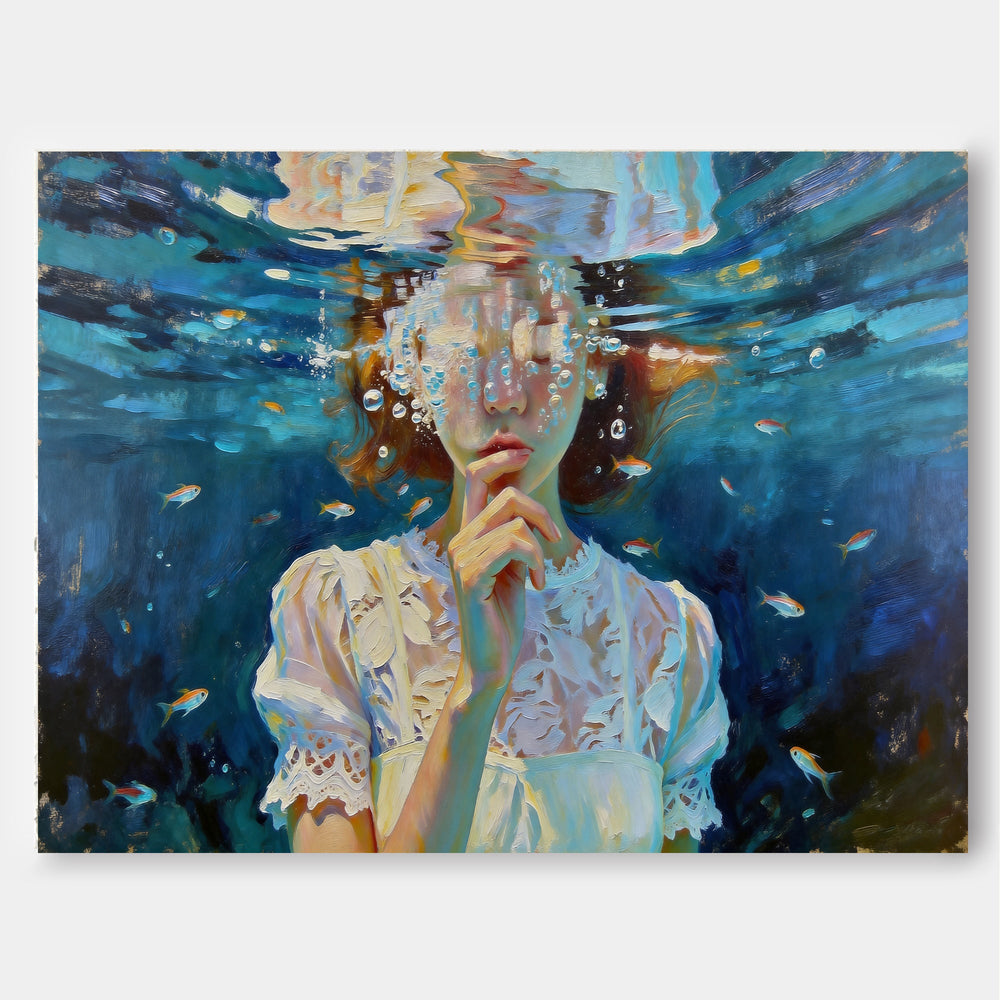 Expressive Oil Painting Of A Girl Submerged In Blue Water With Delicate Brushstrokes