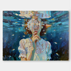 Expressive Oil Painting Of A Girl Submerged In Blue Water With Delicate Brushstrokes
