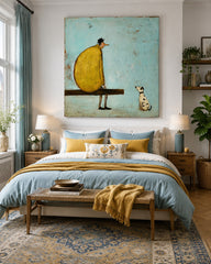 Retro Modern Square Art Print Featuring Stylized Figure And Pet In Yellow And Blue