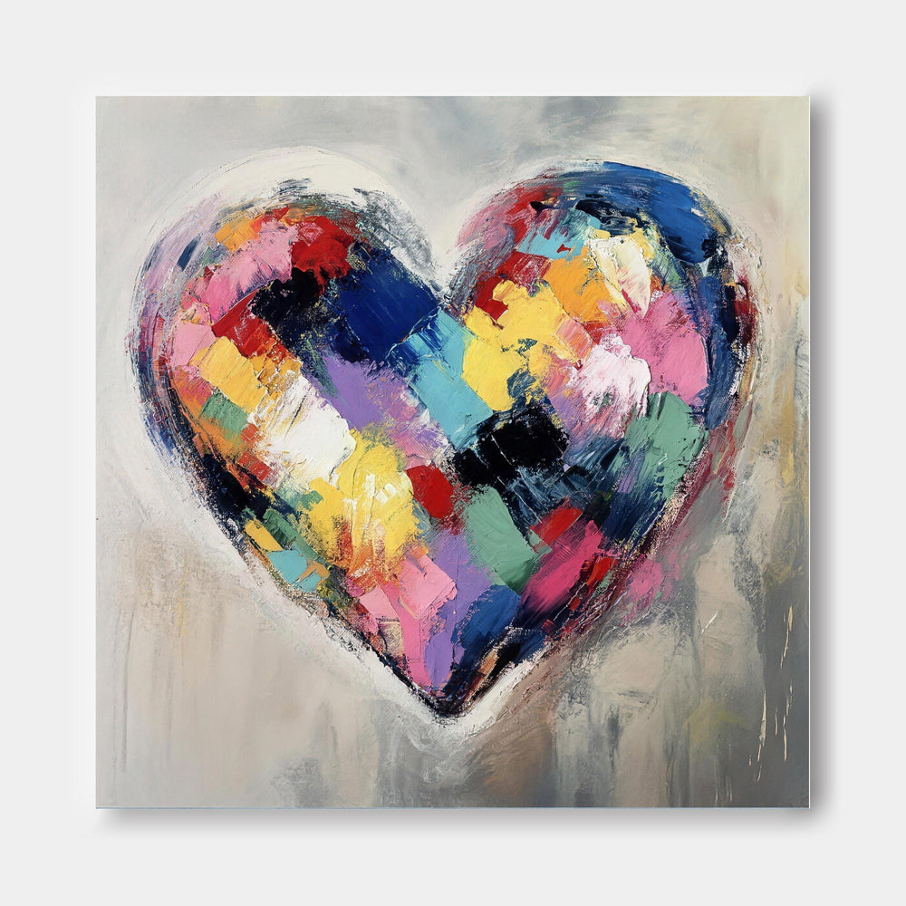 Textured Canvas Art With Geometric Heart Design Original Oil Painting