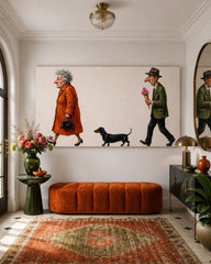 Whimsical Oil Painting Of Couple With Dog For Retro Living Room Decor