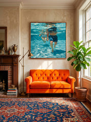 Underwater Swimming Art For Modern Coastal Living Room Decor With Blue Tones