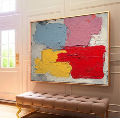Handmade Textured Canvas Art With Geometric Shapes And Primary Colors For Home Office Decoration
