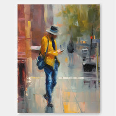 Expressive Yellow And Blue Oil Painting Of A Person In The City